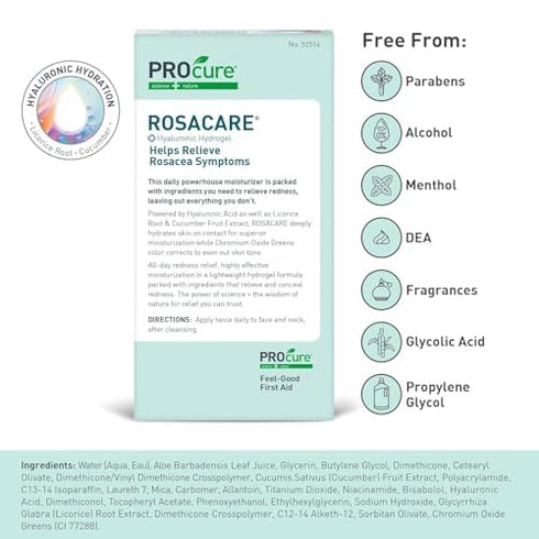 PROcure Rosacare Medicated CC Face Cream, 2 Ounce, Hyaluronic Hydrogel for Redness Reduction