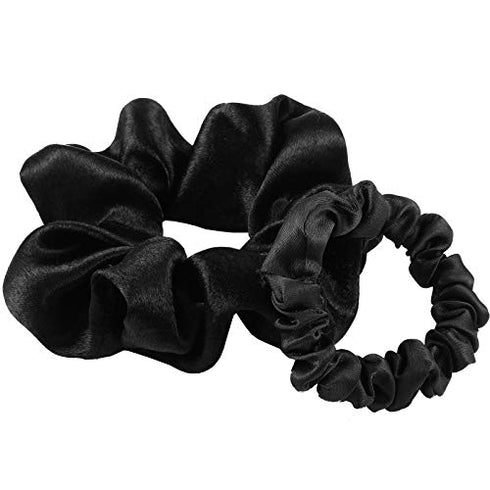 WILLBOND 24 Pieces Satin Hair Scrunchies, Silky Elastic Bands, Skinny Solid Hair Ties for Women, 2 Sizes (Black)