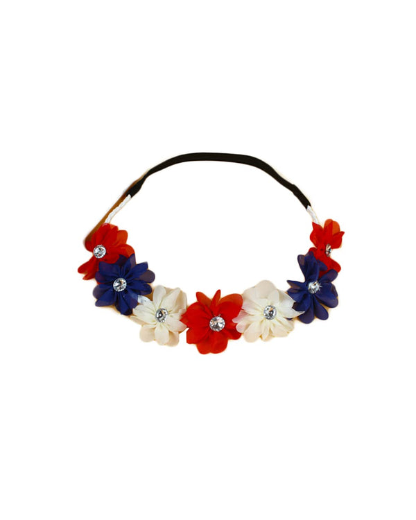 Patriotic Flower Crown Headband, Independence Day Floral Hair Band JHN39 (Blue Red White)