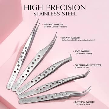 Lankiz Lash Tweezers for Eyelash Extensions, Stainless Steel Straight and Curved Volume Tweezers Set (5PCS-Silver)