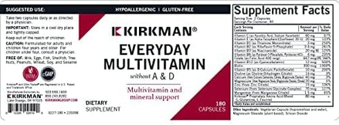 Kirkman EveryDay Multivitamin - 180 Capsules - Comprehensive Mineral Support without Vitamins A & D - Hypoallergenic