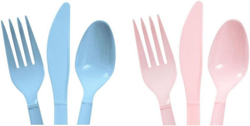 Baby Blue & Light Pink Heavy Duty Plastic Cutlery Sets - 16 Spoons, 16 Forks, 16 Knives - 2 Packs of 48 Total