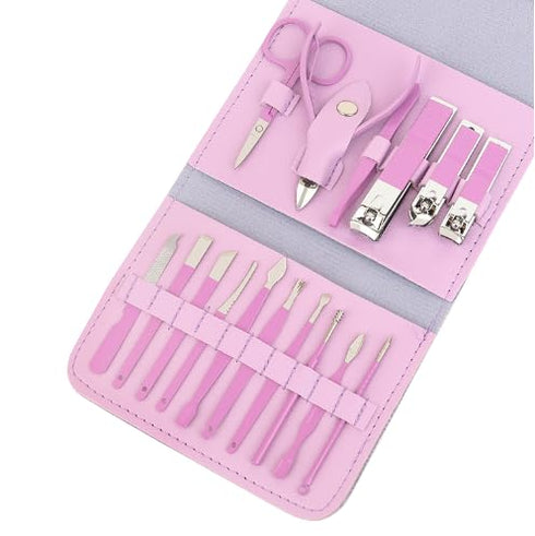 Manicure Set Professional Nail Clippers Pedicure Kit, 16 pcs Pink Stainless Steel Tools with Leather Case