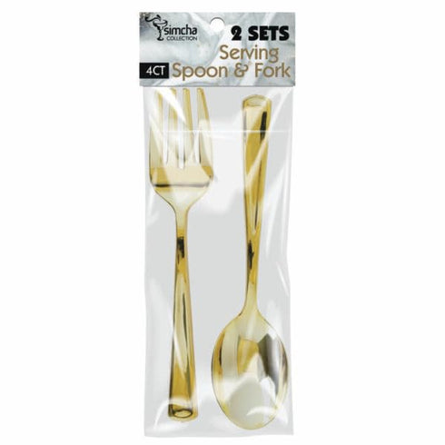 Blue Sky Disposable Gold Serving Spoon and Forks Set, 4 Count for Parties and Events