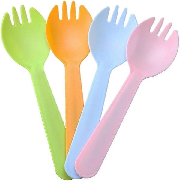 4.3" Mini Disposable Sporks, 100ct Plastic 2-in-1 Utensils, 4 Colors, 25ct Individual Package Per Color