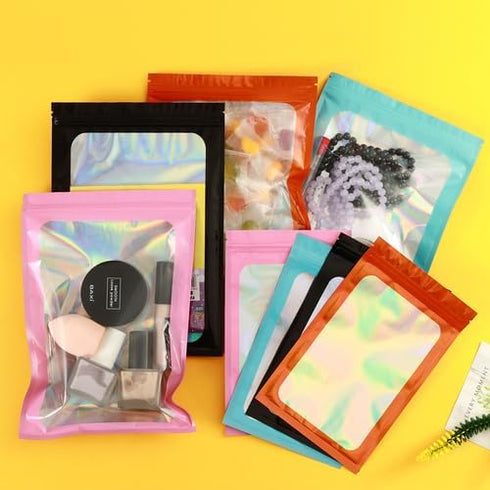 350 Pcs Holographic Bags with Front Window, 4x6 Inch Reclosable Ziplock Packing Bags, White Mylar Bags for Food Storage