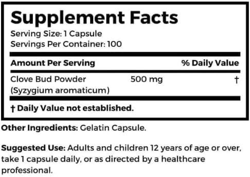 Dr Clark Cloves Healthcare Supplement - Natural Digestive Health, 500 mg, 100 Pure Gelatin Capsules