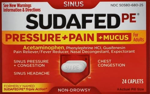 Sudafed PE Head Congestion + Mucus Relief Tablets for Sinus Pressure, Congestion, & Headache, Non-Drowsy Decongestant with Acetaminophen, Guaifenesin & Phenylephrine HCI, 24 ct