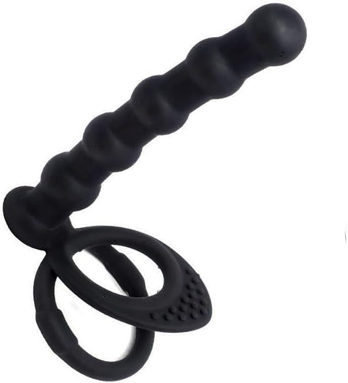 HAOSOAH 2-in-1 5.12 Inch 2.3 oz Dual Cock Ring with Anal Plug, Silicone Design, Length, (Black)