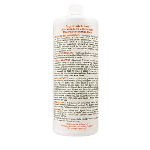 Nutritional Solutions Inc Aloe Vera Juice - Certified Organic - Whole-leaf - Cold Pressed - No Water Added - Not From