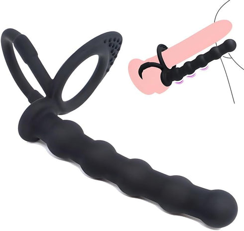 HAOSOAH 2-in-1 5.12 Inch 2.3 oz Dual Cock Ring with Anal Plug, Silicone Design, Length, (Black)