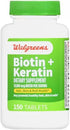 Walgreens 150 Count 10mg 100mg Biotin + Keratin | Tablets | of Biotin + of Keratin | Hair, Skin, and Nail Support
