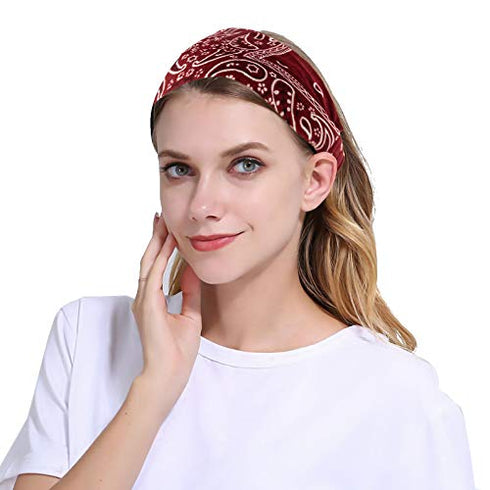 Paisley Bandana Headband for Women, Adjustable Turban Hairband, Pack of 6, Elastic Yoga Headband