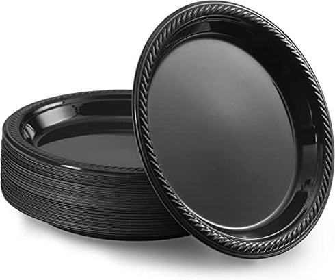 VeZee Cuisine 9 Inches Disposable Black Plastic plates Good to use in Microwave,
