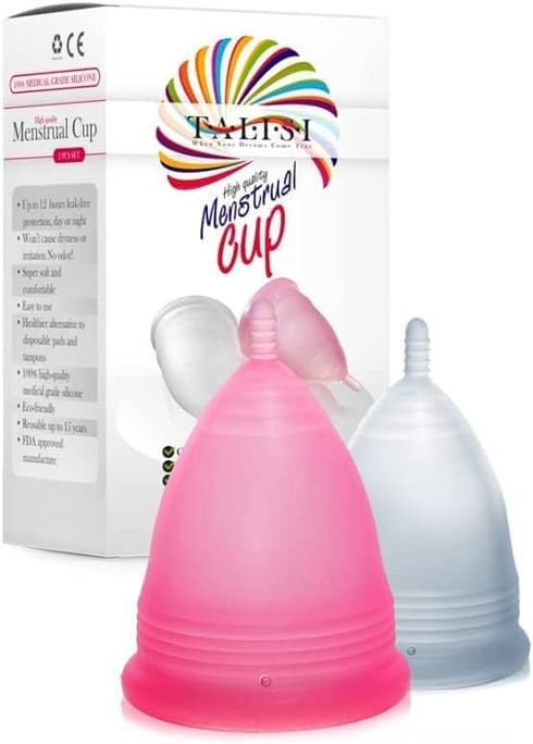 Talisi Menstrual Cups Set of 2 - Reusable Period Kit (Small & Large Sizes) - Super Soft Silicone for Feminine Hygiene.