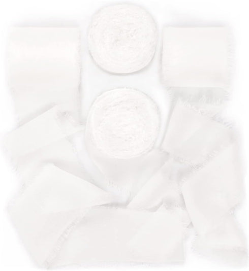 Socomi Ivory Handmade Fringe Chiffon Silk Ribbon, 1-3/4" x 7Yd, 4 Rolls for Wedding Invitations