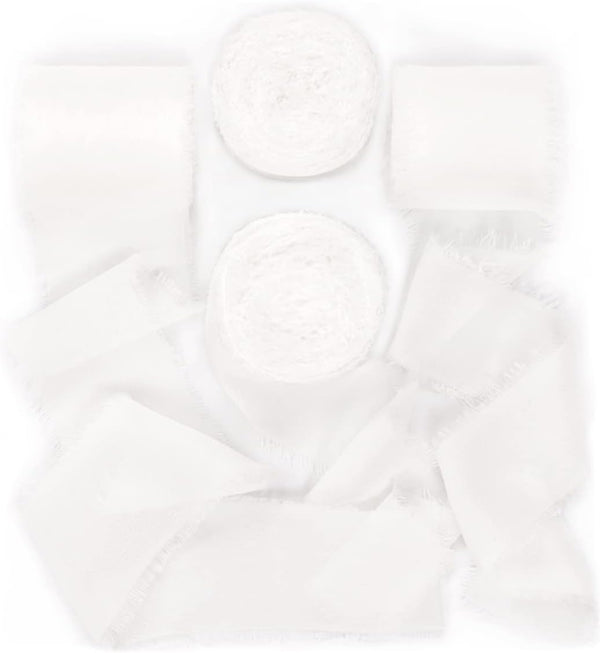 Socomi Ivory Handmade Fringe Chiffon Silk Ribbon, 1-3/4" x 7Yd, 4 Rolls for Wedding Invitations