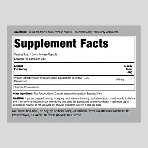 Pygeum 100mg Capsules | 240 Count | Standardized Extract | Supplement for Men | Non-GMO, Gluten Free | by Piping Rock