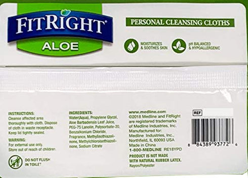 Medline FitRight Aloe Personal Cleansing Cloth Wipes, Scented, Pack of 48, 8 x 10 inch