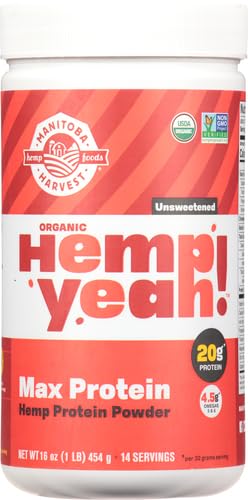 Manitoba Harvest Hemp Yeah! Organic Max Protein Powder, Unsweetened, 16oz, 20g Protein, Keto-Friendly