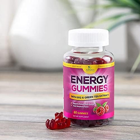 Energy Gummies Vitamin B12, Green Tea & Natural Caffeine, 1000 mcg Daily Energy, Raspberry Flavor, 60 Gummies