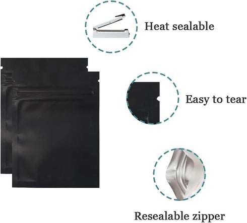 PABCK 100 Pcs Clear Mylar Bags - Matte Black 2.9x3.9inch, Heat Seal Resealable Airtight Zipper Lock Pouch