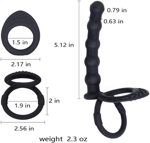 HAOSOAH 2-in-1 5.12 Inch 2.3 oz Dual Cock Ring with Anal Plug, Silicone Design, Length, (Black)
