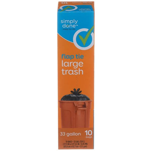Topco Associates Simply Done, Trash Bags, Flap Tie, Large, 33 Gallon