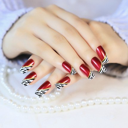 YUNAI 24 PCS Medium Length Full Cover False Nails - French Ellipse Red Wine Oblique Leopard Fake Nails