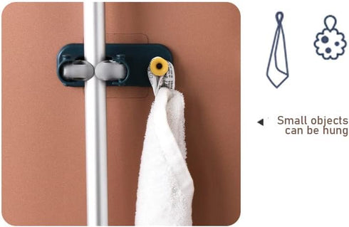 2in1 Bathroom Mop Bracket with Wall-Mount Sticker, Easy-Install Strong Hook, Nail-Free Duster Cloth Supporter (Orange)