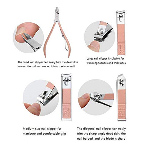 Manicure Set, 12 In 1 Stainless Steel Professional Pedicure Kit with Pink Leather Travel Case
