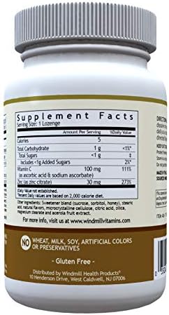 Windmill Health Products Natural Vitamins Zinc Lozenges with Vitamin C Honey Lemon Flavor, Immune System Support, Provides Antioxidant Support, Delicious & Fast Acting, 60 Lozenges, 60 Servings.