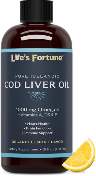 Life's Fortune Organic Cod Liver Oil Liquid, Lemon Flavor Supplement - High Potency Fish Oil Omega 3 DHA & EPA, 1000 mg