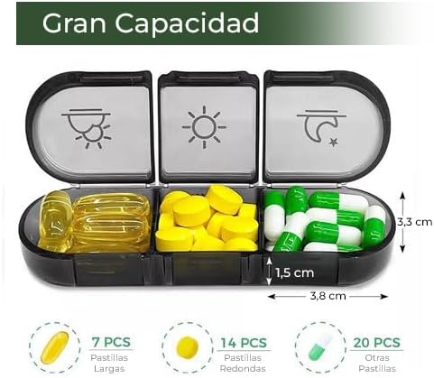 Nexum Market 3 100% 7 21 (3 Weekly Pill Box Takes in Spanish COLOR: BLACK | Individual Pill Boxes for Each Day
