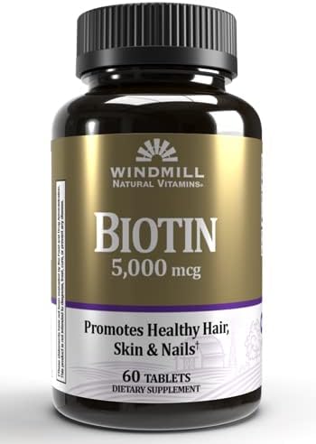 Windmill Natural Vitamins Biotin 5000 mcg, 60 Count - Supports Healthy Hair, Skin & Nails, Metabolism Booster