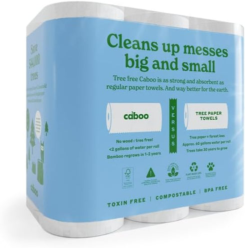 Caboo Tree Free Paper Towels, 6 Rolls, Eco Friendly, Earth Friendly, Sustainable Kitchen Paper Towels with Strong 2 Ply Sheets