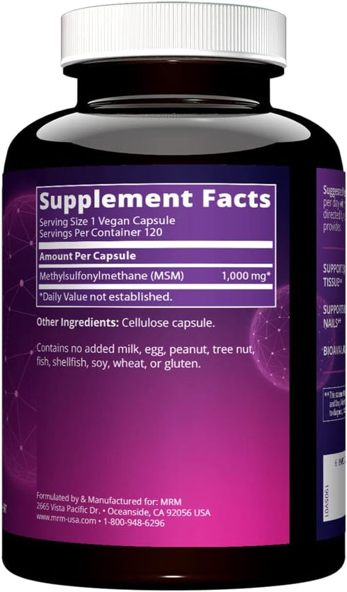 MRM Nutrition MSM 1000mg | Methyl-sulfonyl-methane capsules | Joint health | Hair + skin + nails | Bioavailable form of sulfur | Gluten-free + Vegan | 120 servings