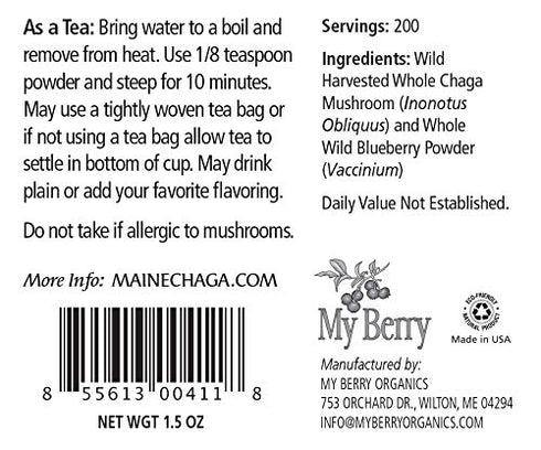 Maine Chaga & Wild Blueberry Tea Powder - Herbal Superfood Blend, 1.5oz, Caffeine-Free, 200+ Servings