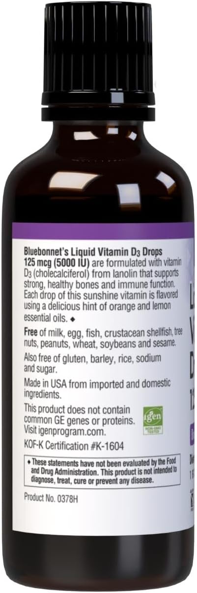 Bluebonnet Nutrition Liquid Vitamin D3 Drops, 5000 IU, 1 Fl Oz (Pack of 1), Non-GMO, Gluten Free