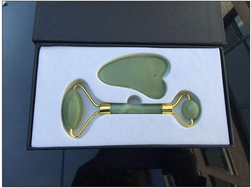rosenice Set 5.90X1.96X1.18In Green-Set Jade Beauty Vessel Gua Sha Massage Tool with Roller and Scraping Plate