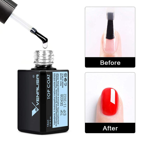 VENALISA 15ML No Wipe Tempered Top Coat - Scratch Resistant High Gloss Soak Off Gel Nail Polish