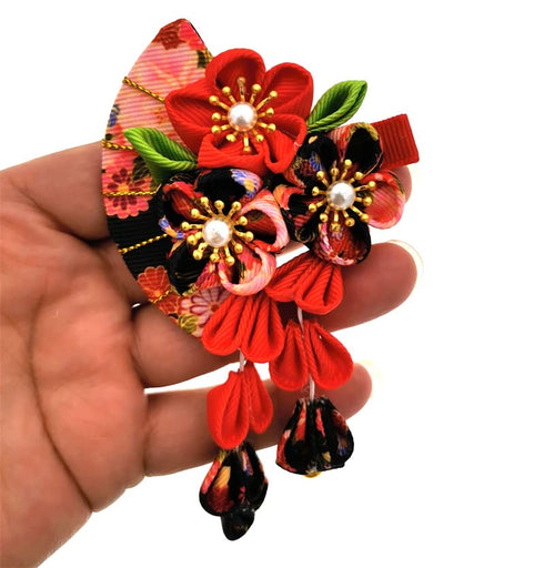 Japanese Style Women Flower Hair Clip, Kimono Decor Fabric Hanfu Hairpin for Christmas Party Costume Gift