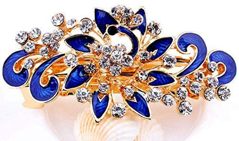 Women's Multilayered Peacock Shaped Rhinestone French Barrette Hair Clip, Blue