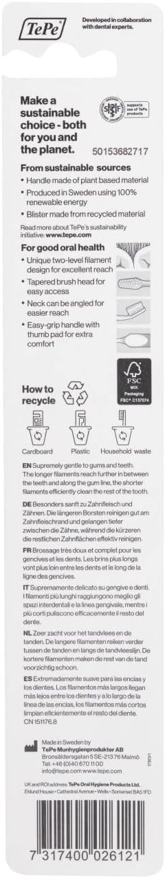 TEPE Supreme Toothbrush, Soft Bristle Toothbrush, Tapered Brush Head for Sensitive Teeth and Gum Care, Adult, 1 Pack