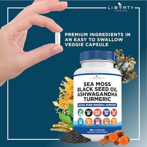 Sea Moss 3000mg, Black Seed Oil 2000mg, Ashwagandha 1000mg, Burdock 1000mg Root Mineral Support - 120 Count