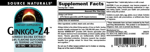 Source Naturals Ginkgo-24 - Ginkgo Biloba Extract 120 mg, Supports Mental Acuity - 60 Tablets