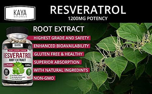 Kaya Naturals Resveratrol Capsules, Anti Aging Supplement with Antioxidants and Brain Support, 60 Veggies Capsules