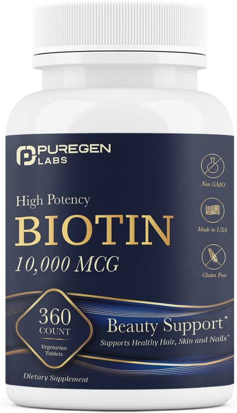 Puregen Labs Biotin 10,000 MCG - High Potency Beauty Support for Healthy Hair, Skin & Nails - Non-GMO, Gluten Free |