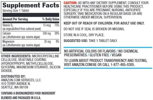 Amazon Elements Calcium plus Vitamin D, Calcium 500mg with D2 600IU, Vegan, 65 Tablets (2 month supply) (Packaging may vary), Supports Strong Bones and Immune Health