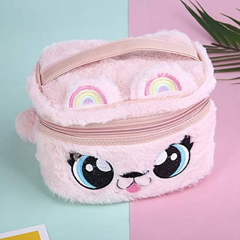 Women Girls Kids Fluffy Faux Fur Unicorn Makeup Bag, Small Cosmetic Organizer Plush Travel Storage Case
